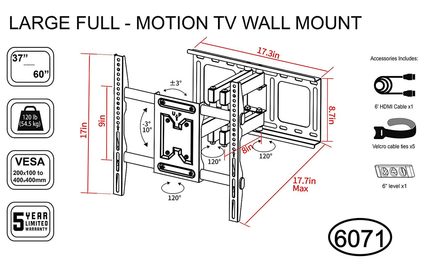 Full Motion TV Wall Mounts for 37”-60” LED LCD OLED Plasma Flat Screen Monitor