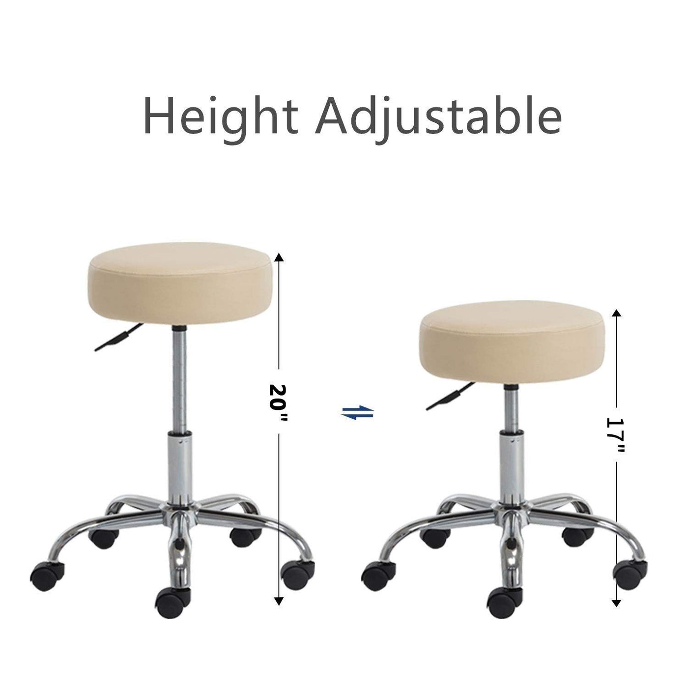 Round Seat Adjustable Rolling Stool with Wheels and Metal Plated Frame Beige