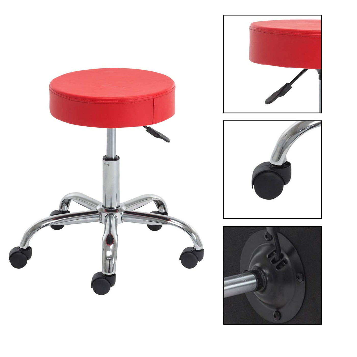 Round Seat Adjustable Rolling Stool with Wheels and Metal Plated Frame Red