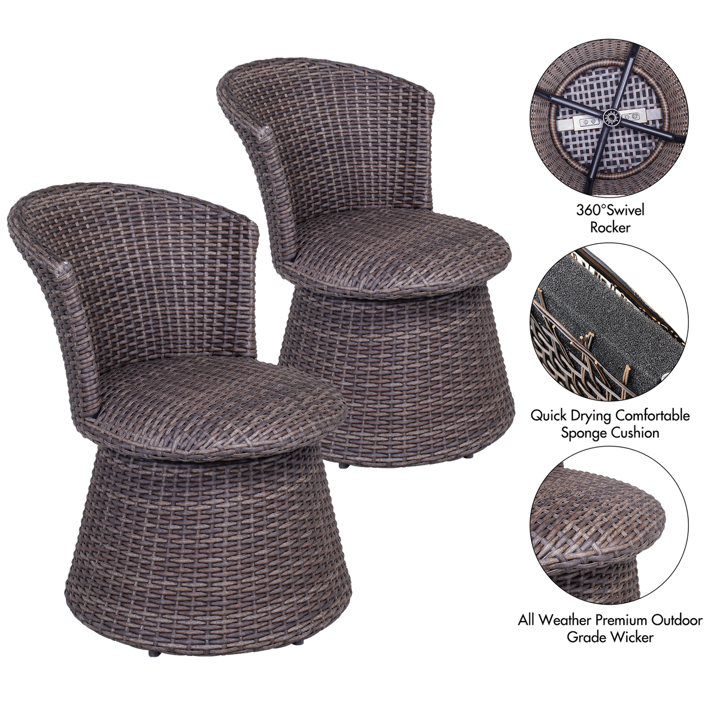 Wicker Swivel Stool Chair Indoor Outdoor Rattan Chair Patio Furniture, Set of 2