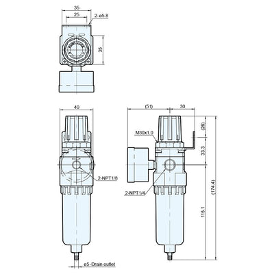 M Mindman Compressed Air Filter Regulator, 1/4" NPT, 5 Micron, Gauge, Bracket