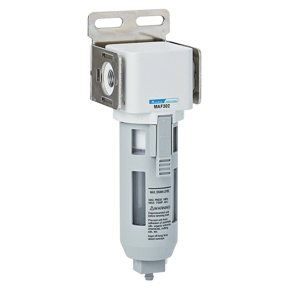 M Mindman Compressed Air Filter, 1/4" NPT, 5 Micron, Semi-auto Drain, Bracket