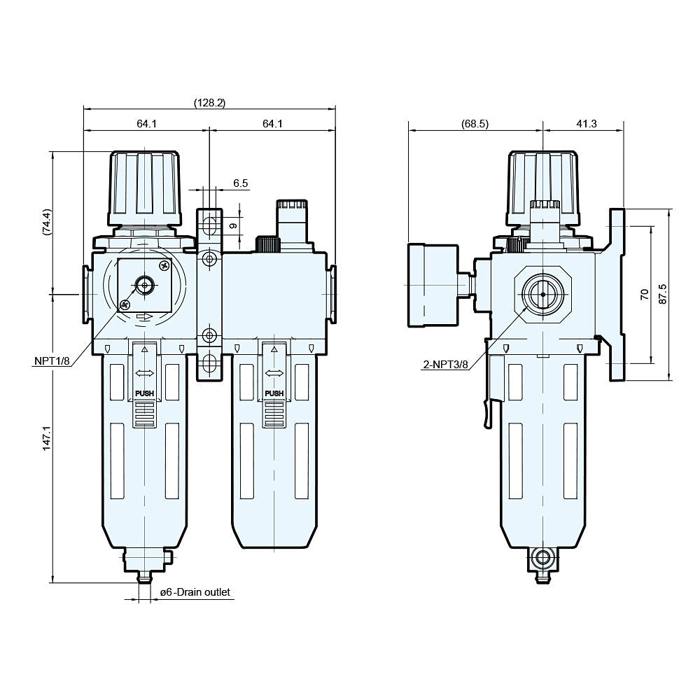 M Mindman Compressed Air Filter Regulator Lubricator, Gauge, 3/8 inch NPT Thread